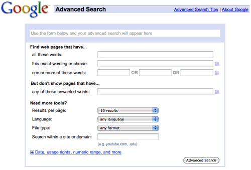 Google advanced search page redesigned 2008-03-08